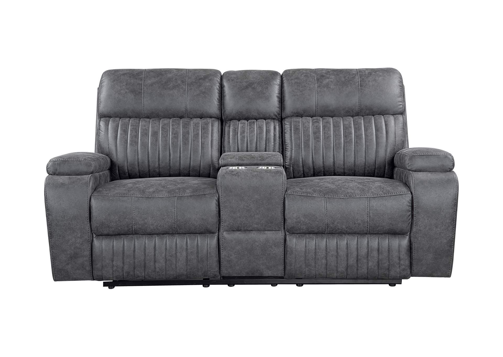 Lane Furniture Dual Reclining Sofa in Gray Fabric and Dual Reclining Love Seat with Storage Console
